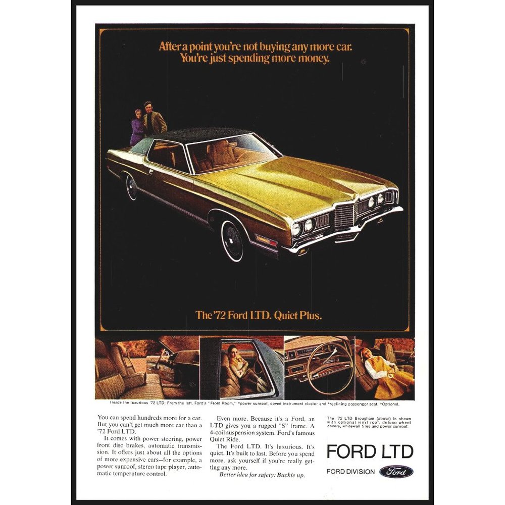 1972 Ford LTD Brougham 2 Door Coupe Vintage Print Ad Fall Colors Wall Art Photo